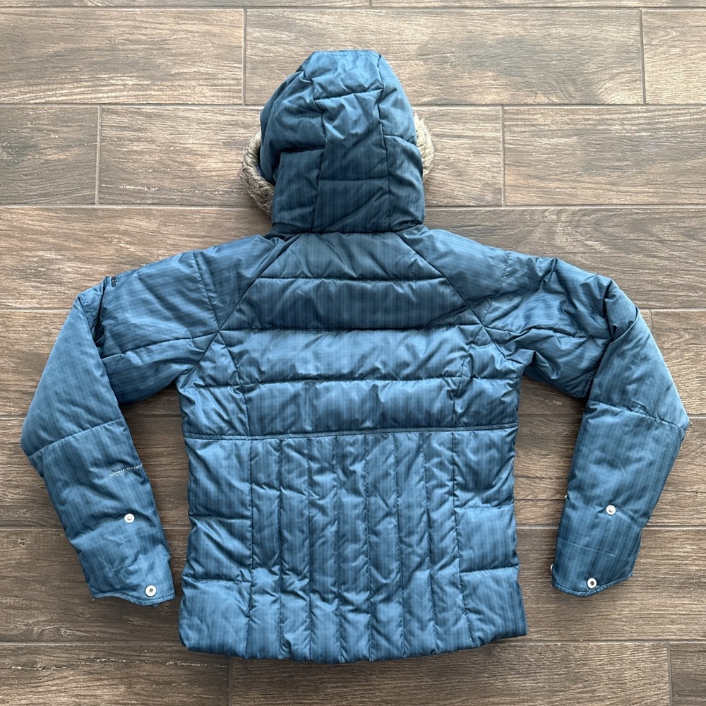 Columbia Down Puffer Jacket Women Medium Omni Shield Blue Hooded Faux Fur Trim - Picture 2 of 15